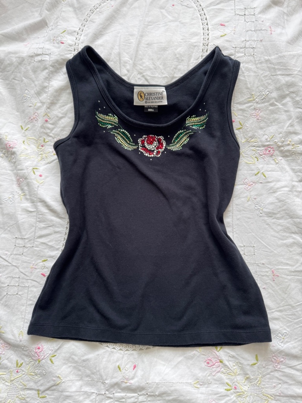 Christine Alexander Black Tank with Jeweled Rose and Winged Accents